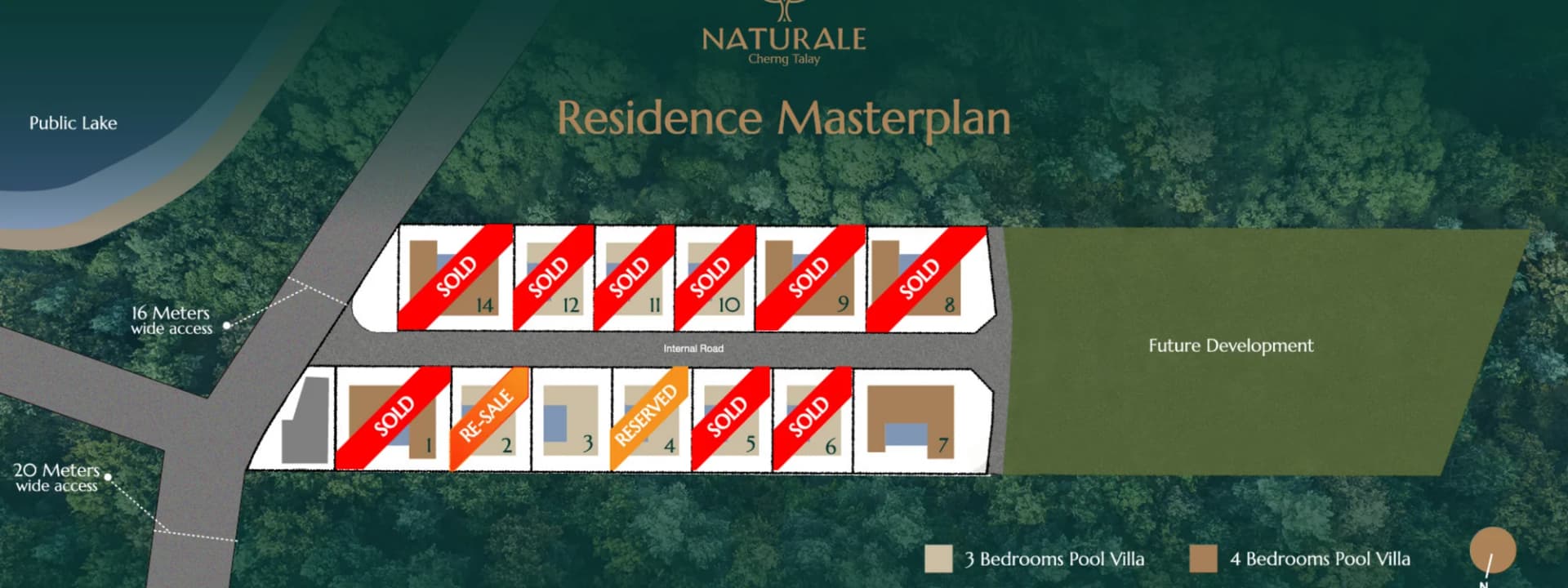 Plan-masse du domaine — treize parcelles le long de la voie intérieure, lac public à l’ouest, parcelles vendues, réservées et tarifées indiquées